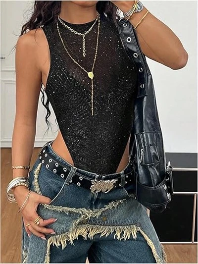 Body sexy perizoma senza maniche con taglio alto in rete glitterata da donna